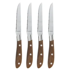 ACHILLE Coffret Amefa 4 Couteaux Steak Manche Bois De Frêne