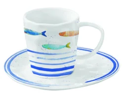 EASY LIFE BORD DE MER Tasse Café Thé Avec Soucoupe Porcelaine Décor Poissons 250 Ml SC