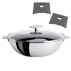CASTELINE Wok Amovible Inox Multiply Avec Couvercle CRISTEL D28 + 2 Anses MUTINE Grises