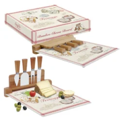EASY LIFE FROMAGE Plateau Fromage Verre Et Bambou + 4 Couteaux De Service