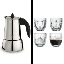 Pack Cafetière Italienne Inox Induction VALIRA 30 Cl + 4 Tasses Expresso LA ROCHERE