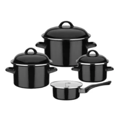 Set De 7 Pièces Faitout Casserole Acier émaillé Induction GSW Noir Et Blanc