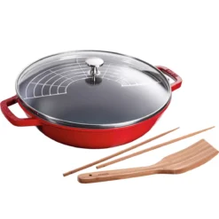 Wok Fonte émaillée Couvercle Verre Staub D30 Rouge Cerise PR